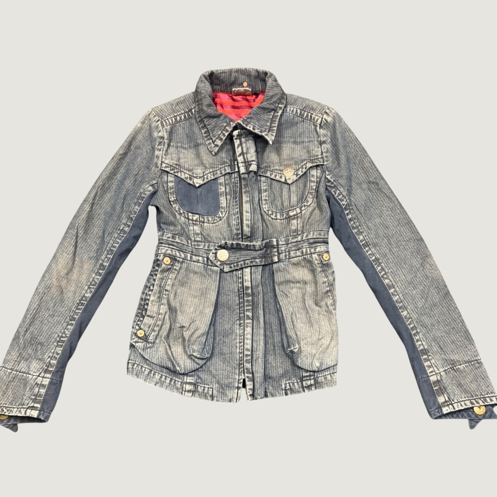 Volcom Stone Womens XS Denim Utility Jacket Blue Herringbone Mixed Media Zip Up
